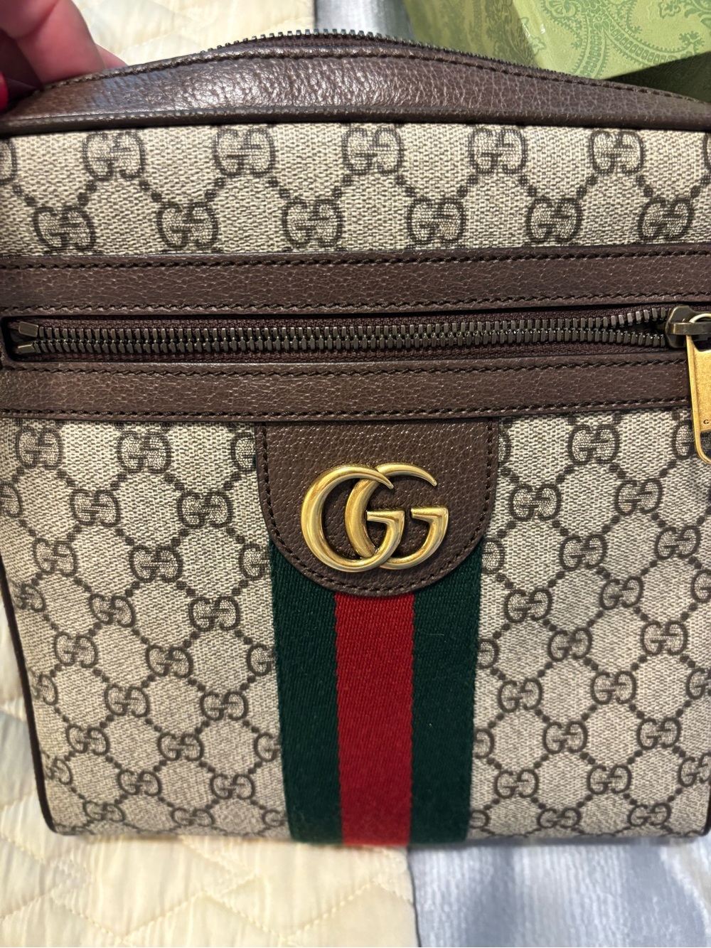 NWT Gucci Brown GG Supreme Messenger with Green and Red Web Stripe